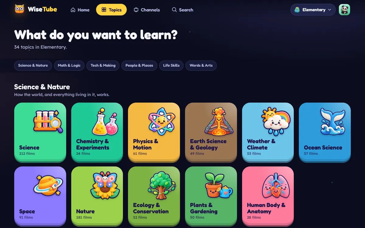 The Playful look: the Topics page with bright, chunky tiles and illustrated icons