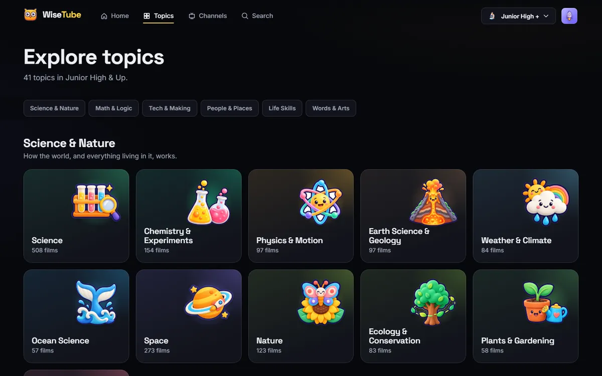 The Studio look: the same Topics page, darker and sleeker, with large illustrated icons